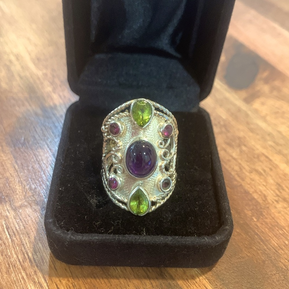 Big statement Amethyst peridot, garnet sterling silver ring tgw 3.70 size 8
